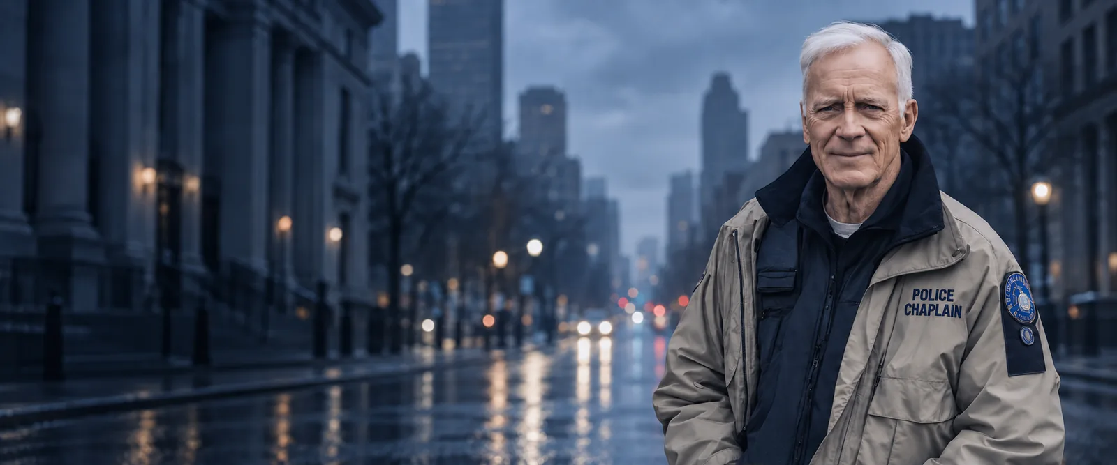 A white-haired police chaplain in a Police Chaplain jacket stands on a rainy city street at dusk.