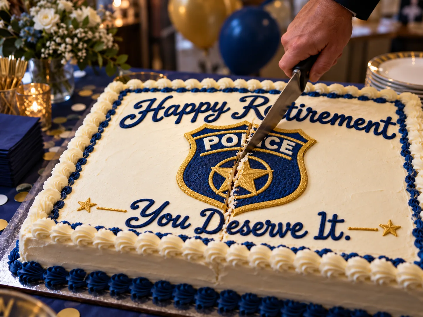 A retirement cake decorated with a police shield and the words “Happy Retirement, You Deserve It” is being cut with a knife.
